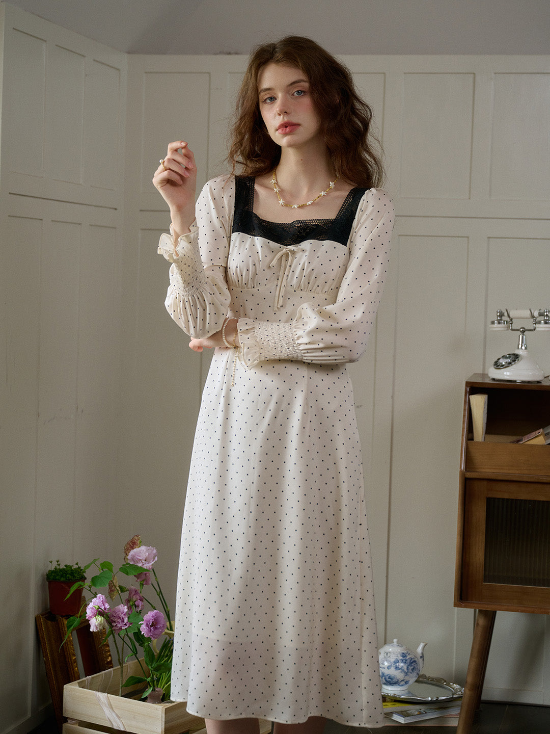 Good Stylists Bamboozle Black White Polka Dot Contrast Trim Long Sleeve Gown