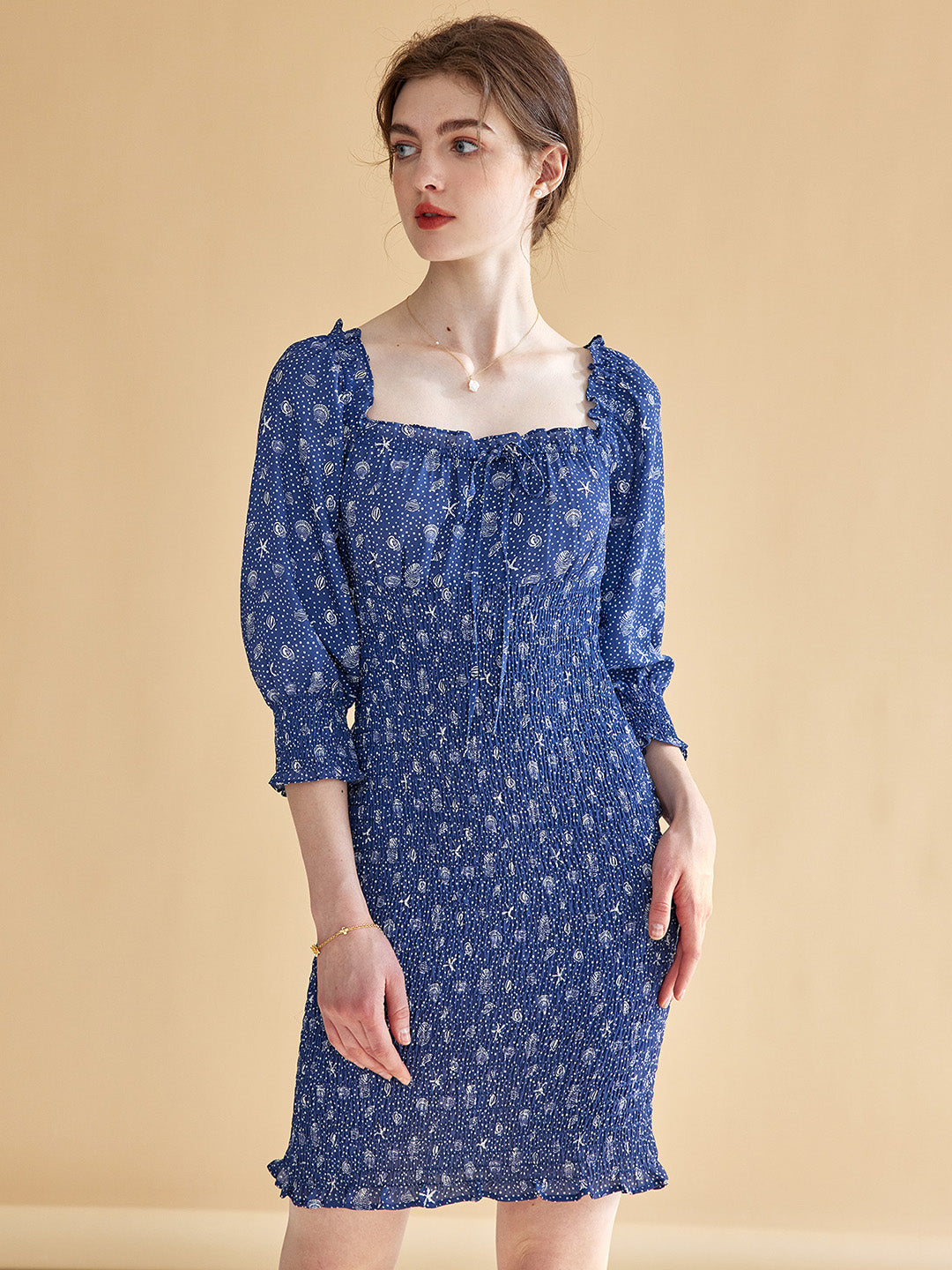 Good Stylists Blue Floral Square Neck Smocked Mini Garment Snollygoster