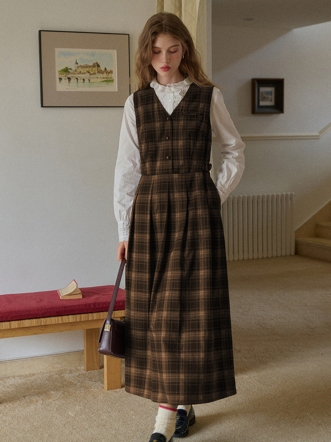 Good Stylists Chocolate Brown Plaid Sleeveless Pinafore Maxi Dress Ataraxia