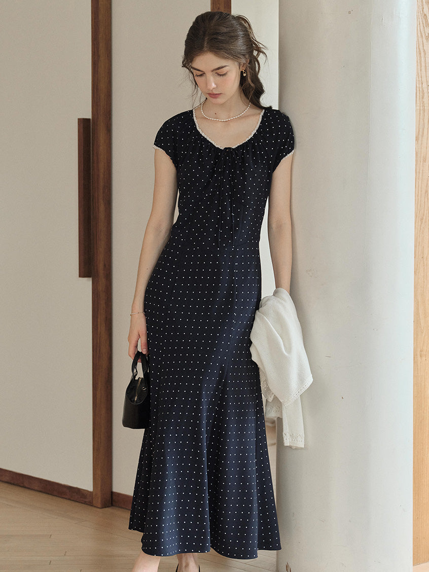 Good Stylists Flummox Navy Blue Polka Dot Round Neck Fitted Long Dress