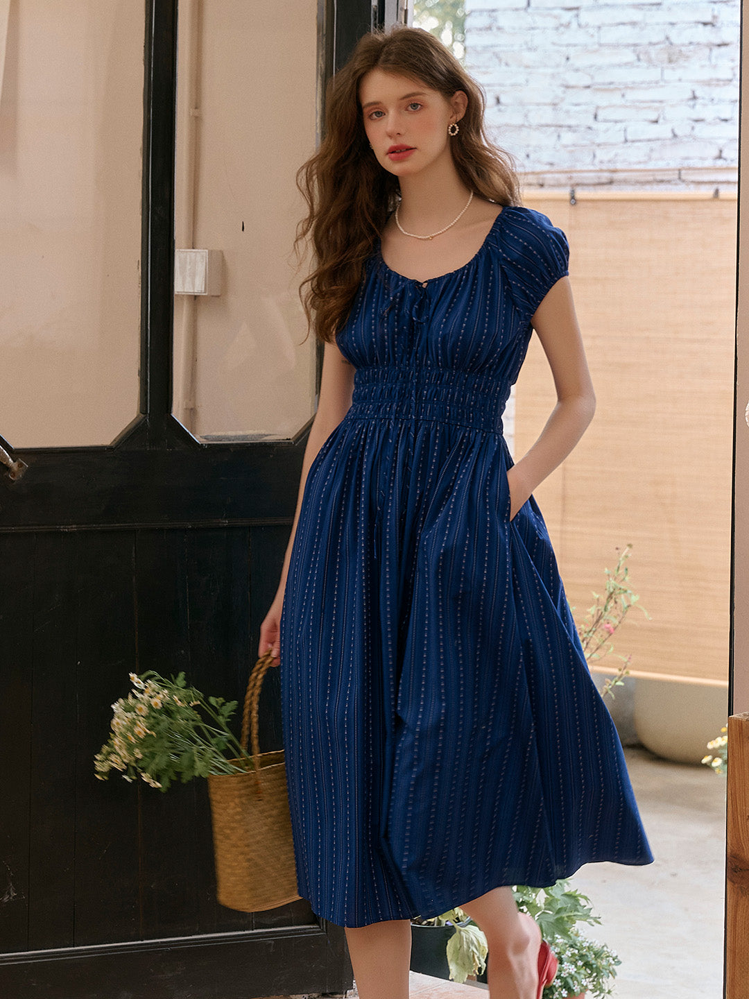 Good Stylists Halcyon Navy Round Neck Cotton Midi Gown