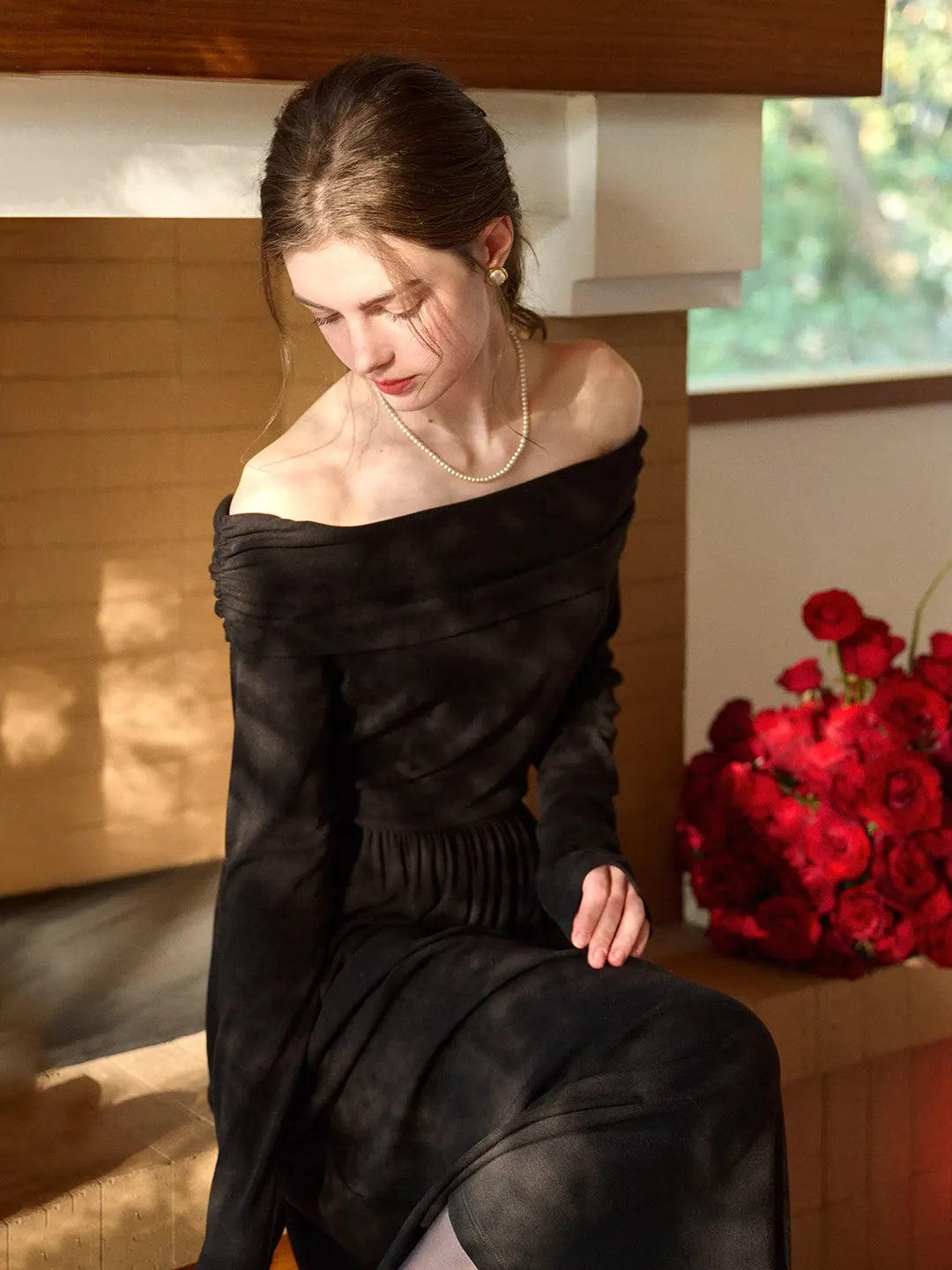 Good Stylists Ineffable Solid Black Off-Shoulder Long Sleeve Maxi Gown