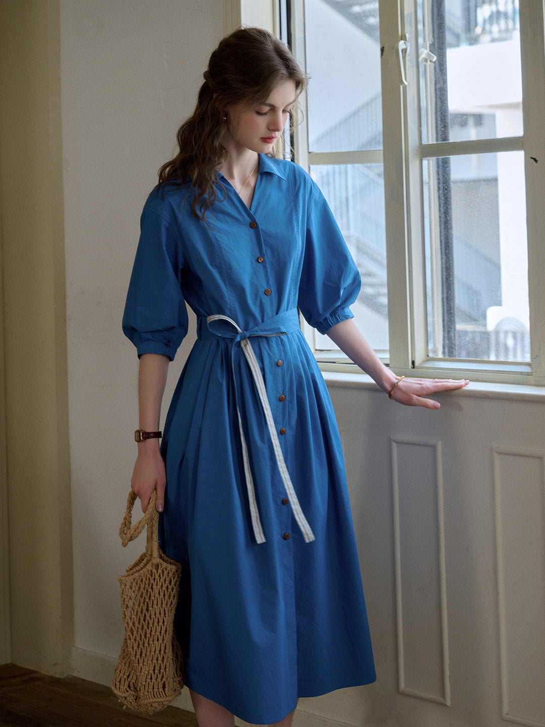 Good Stylists Labyrinth Cerulean Blue Button Down Tie Waist Collared Midi Dress