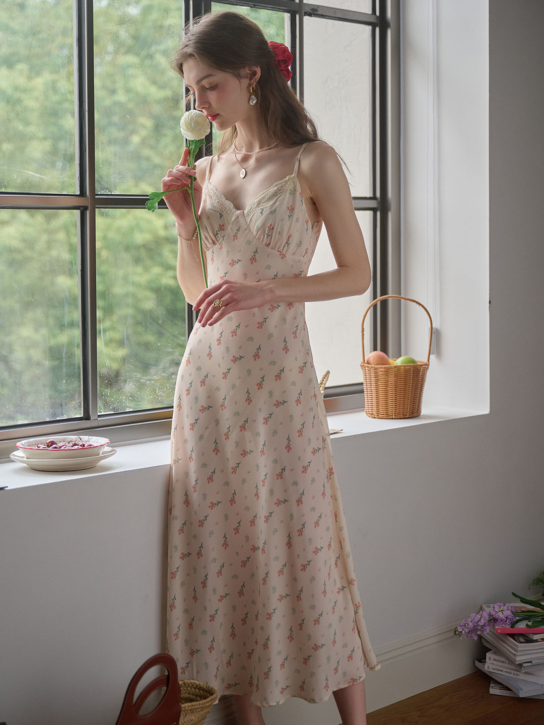 Good Stylists Mellifluous Apricot Cream V-Neck Floral Cami Midi Gown Lace