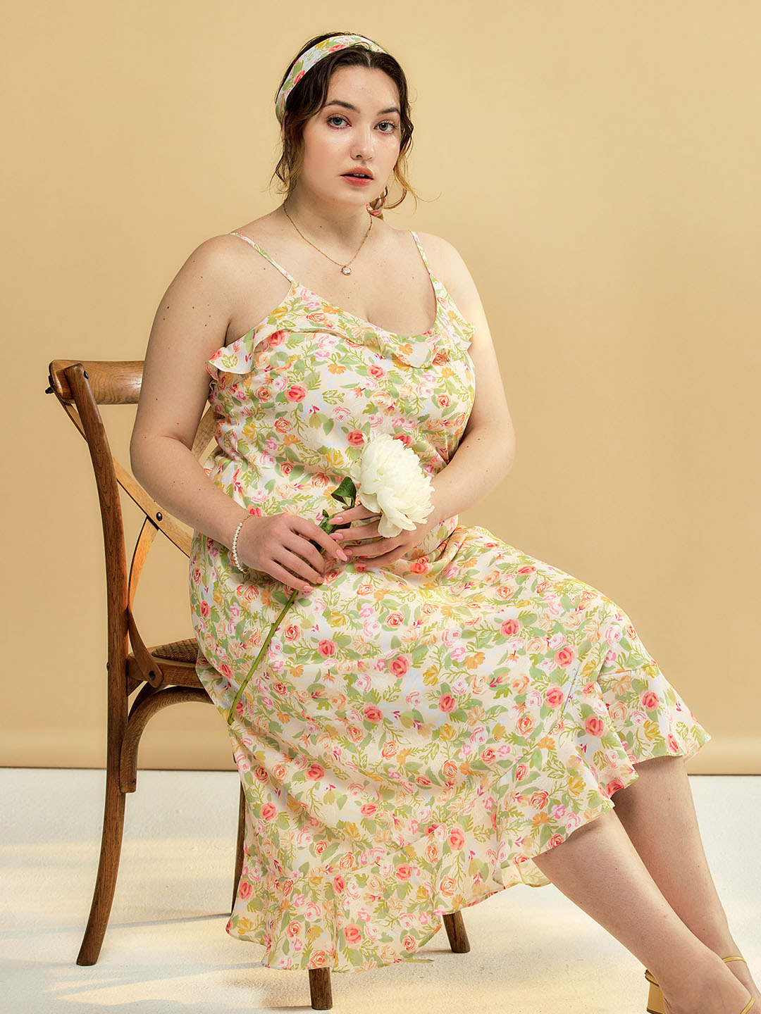 Good Stylists Mellifluous Pink Yellow Floral Chiffon Spaghetti Strap Midi Dress