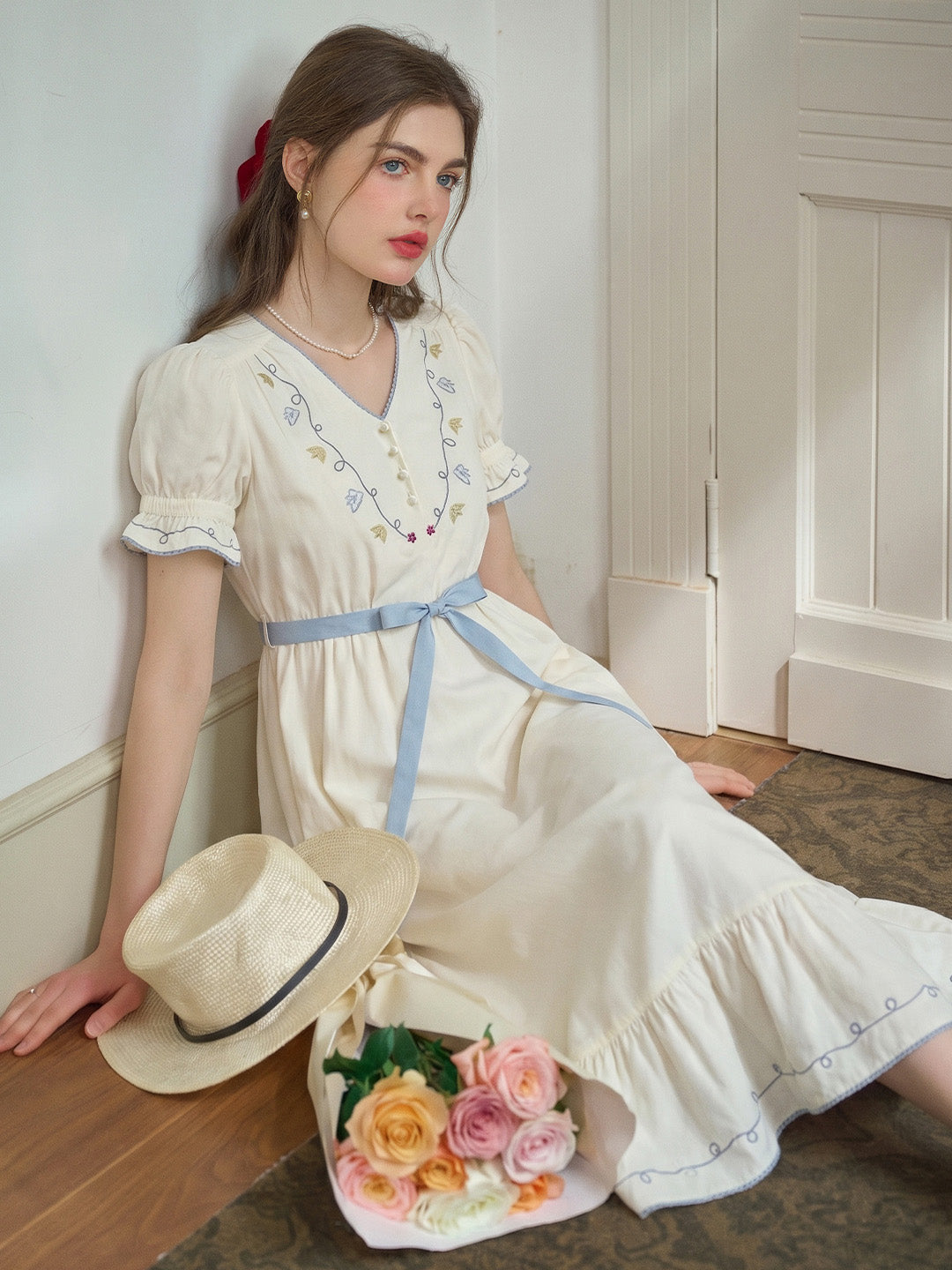 Good Stylists Nebular Ivory Blue ThÃªu V-Neck Puff Sleeve Midi Dress