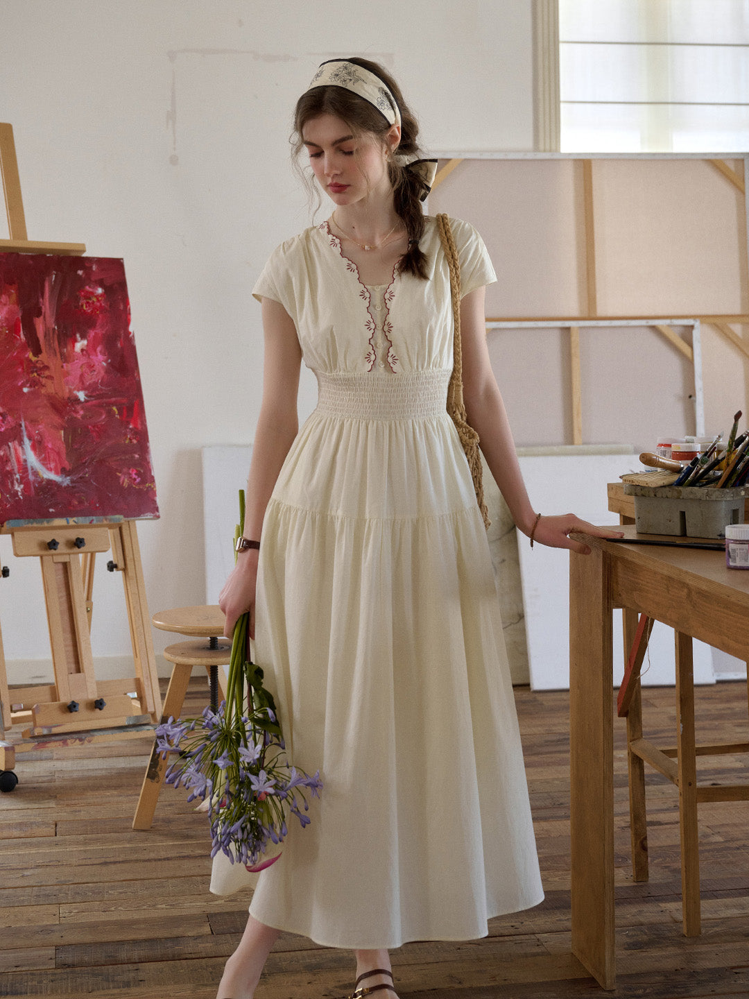 Good Stylists Off-White Cream Embroidered Wavy Neckline Maxi Gown Susurrus