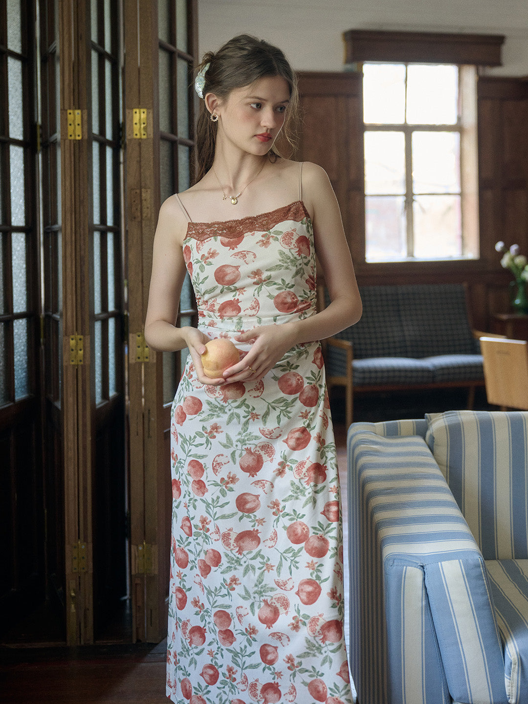 Good Stylists Olive Green Wabbit Botanical Print Sling Silk Slip Dress