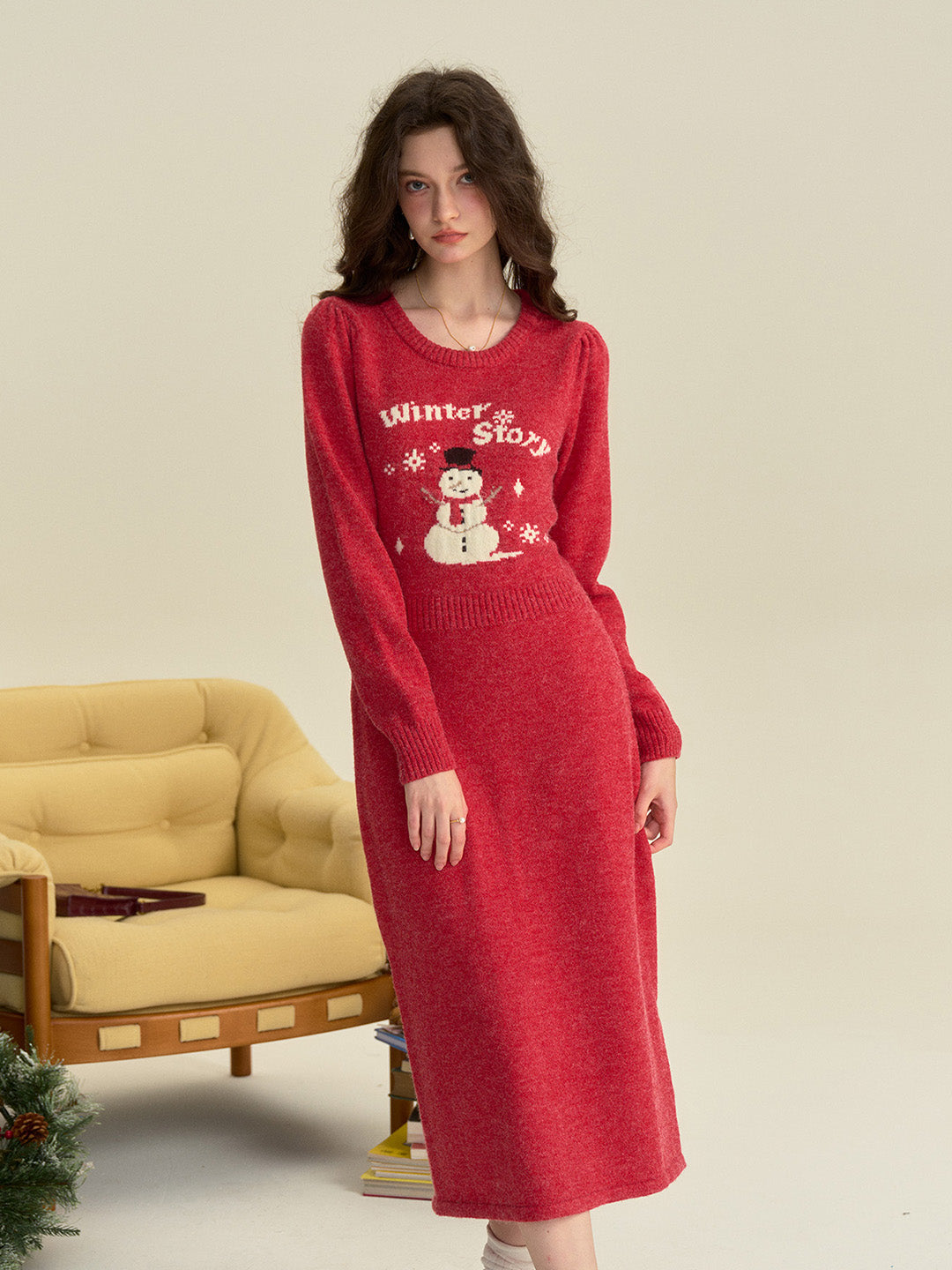 Good Stylists Piffle Red Woolen Winter Warm Sweater Long Dress for Women
