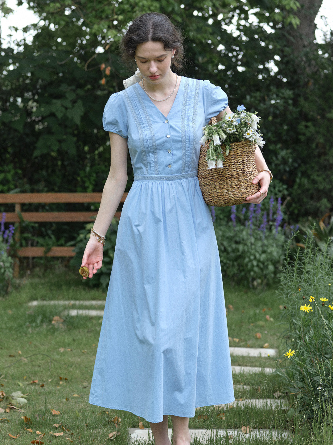 Good Stylists Quixotic Sky Blue V-Neck Puff Sleeve Summer Midi Gown