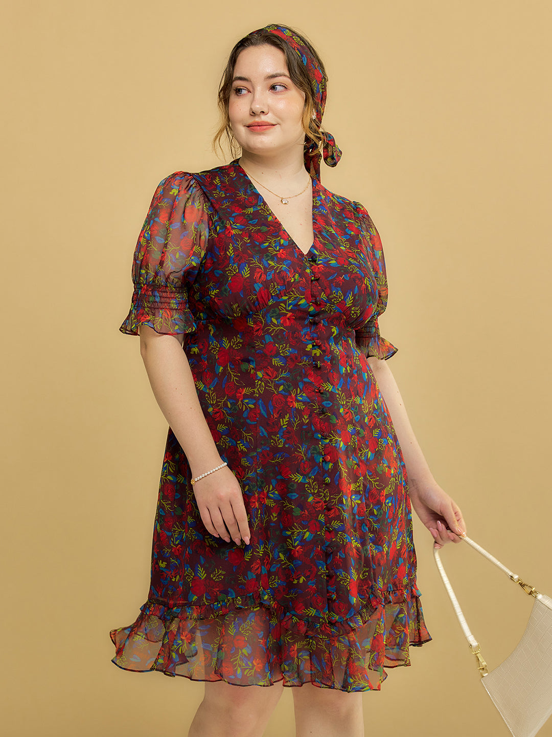 Good Stylists Serendipity Burgundy Floral Sheer Puff Sleeve V-Neck Midi Dress