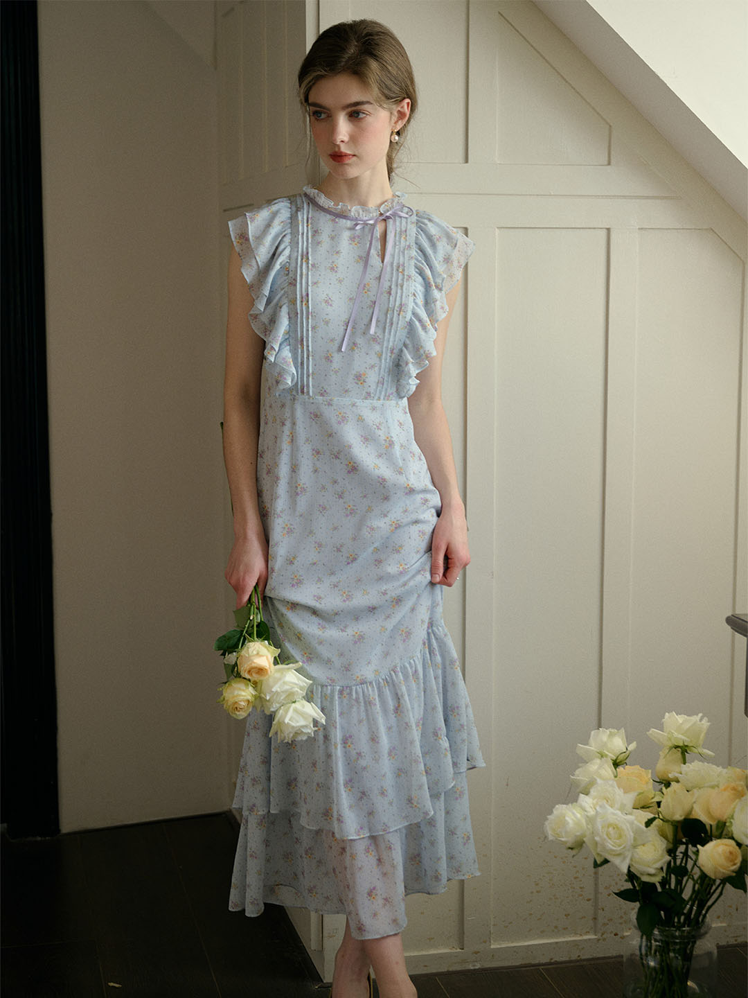 Good Stylists Sky Blue Gobbledygook Tiered Lace Flutter Sleeve Midi Dress