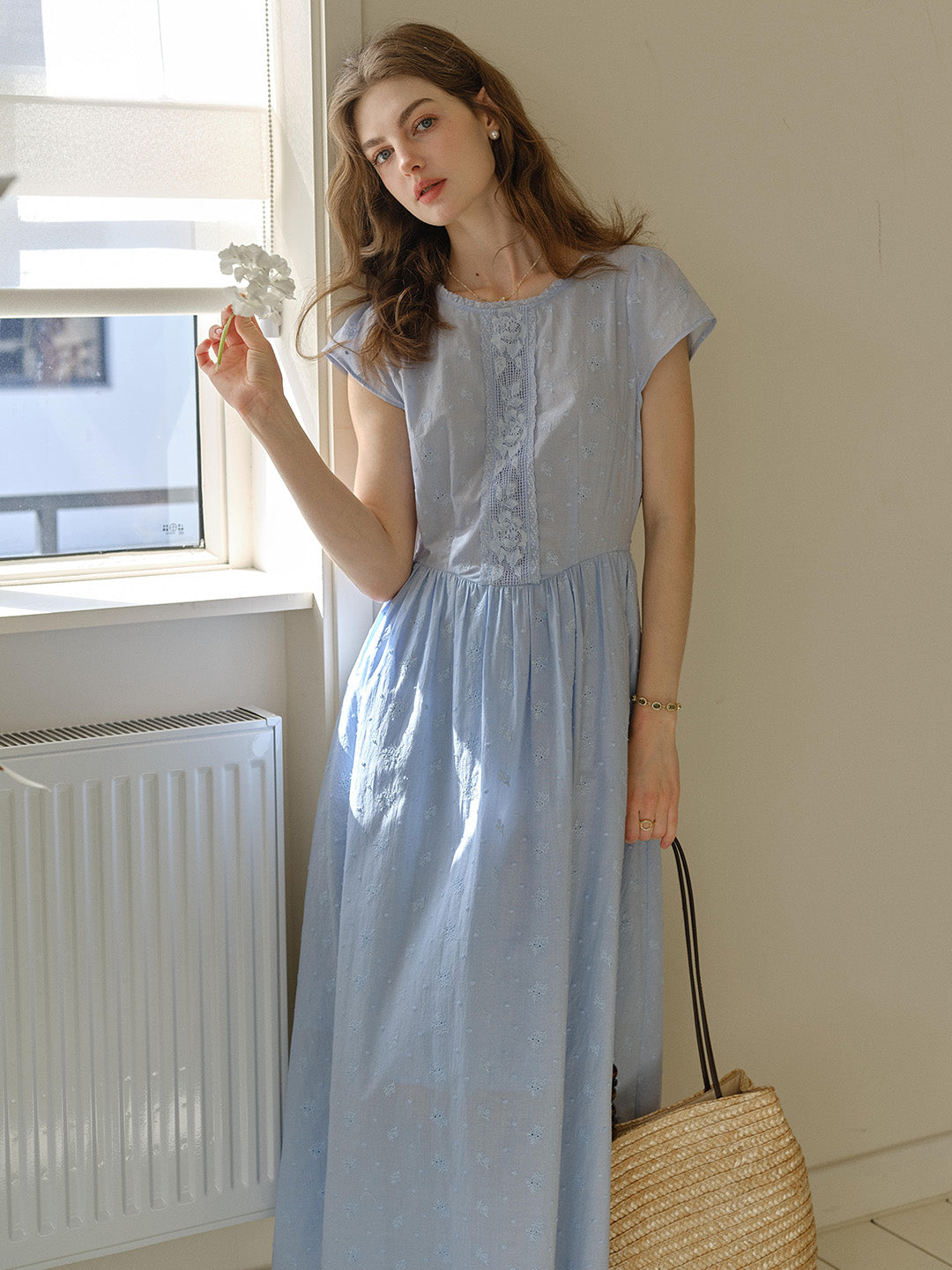 Good Stylists Sky Blue Lace Embroidered Round Neck Short Sleeve Midi Dress Sonder