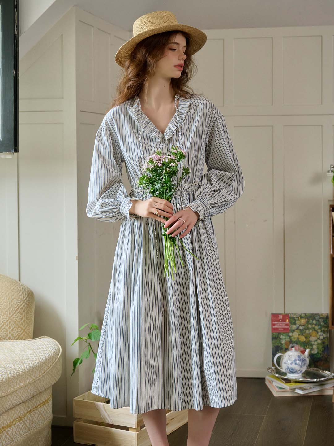 Good Stylists Slate Blue Striped Lace-up V-Neck Long Sleeve Midi Dress Mellifluous