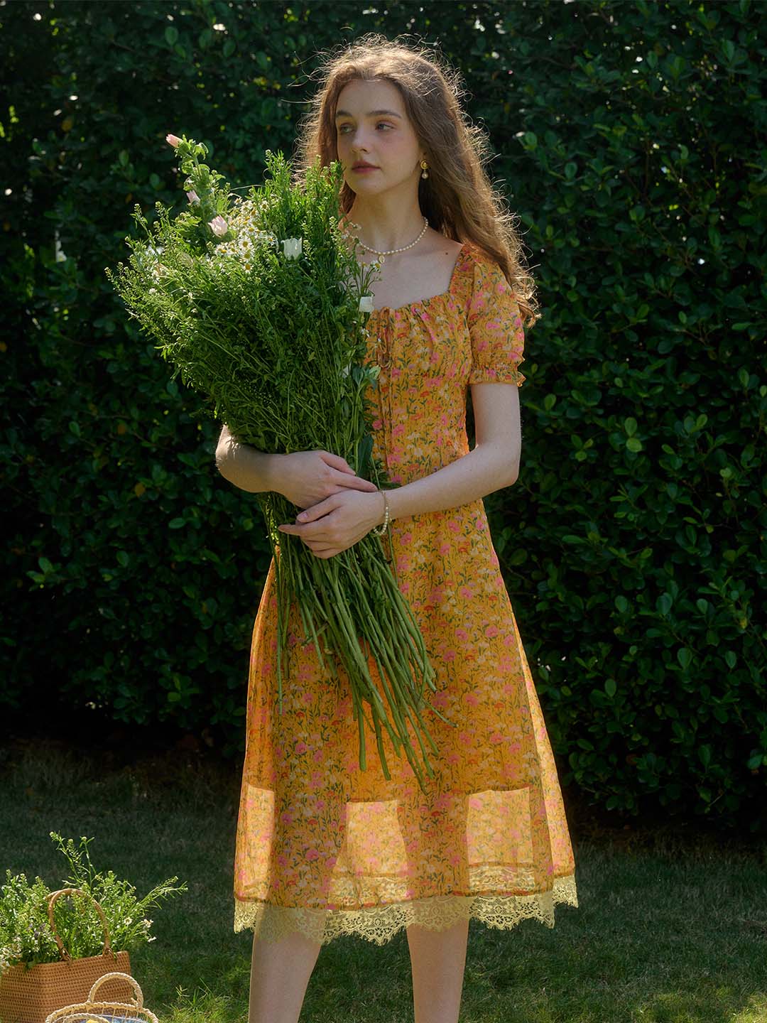 Good Stylists Snollygoster Orange Floral Puff Sleeve Square Neck Lace Trim Gown
