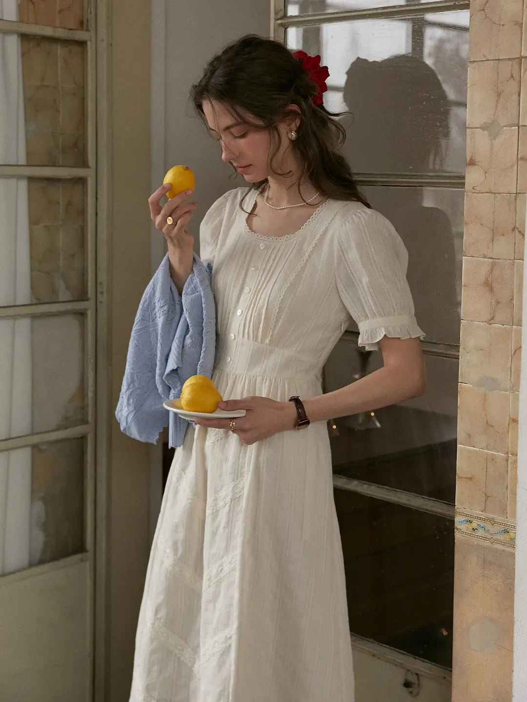 Good Stylists Solivagant Cream Round Neck Button Down Short Sleeve Cotton Midi Dress