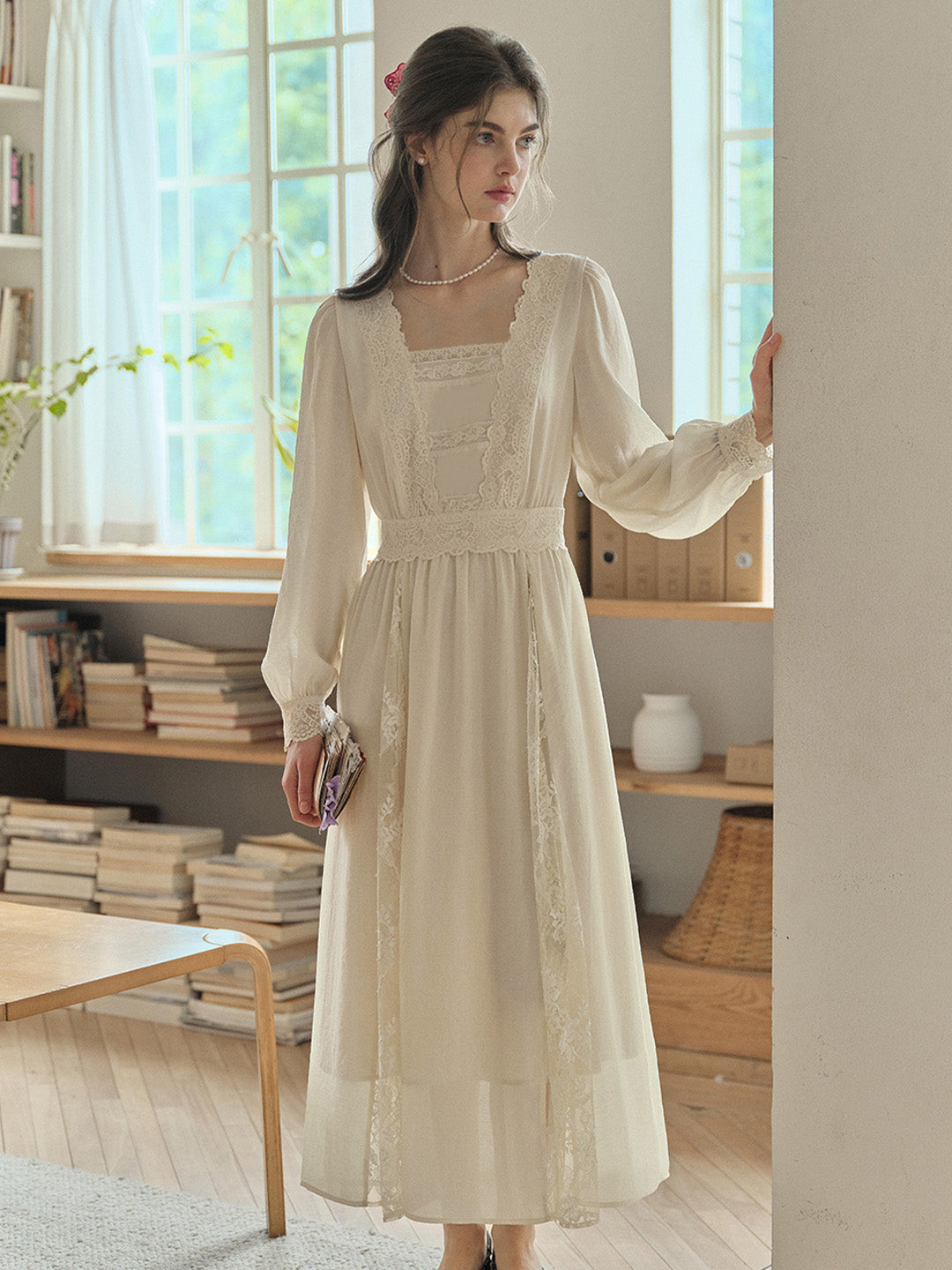 Good Stylists Susurrus Cream Long Sleeve Lace Trim Square Neck Flowy Gown