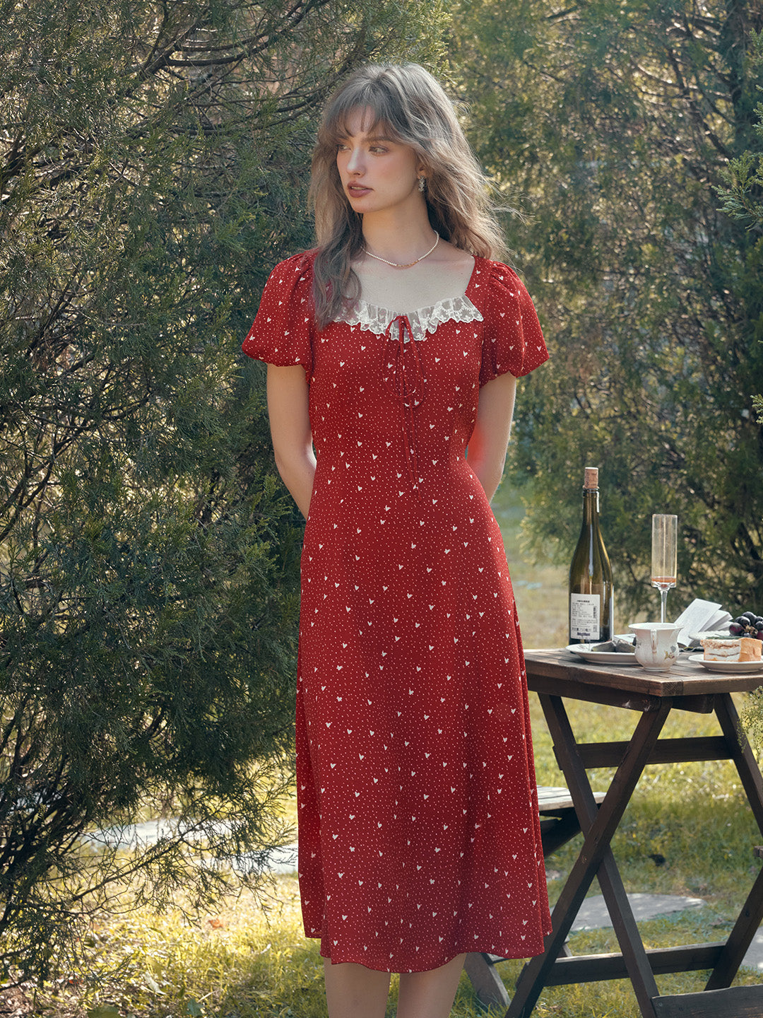 Good Stylists Syzygy Crimson Red Floral Square Neck Lace Trim Puff Sleeve Dress