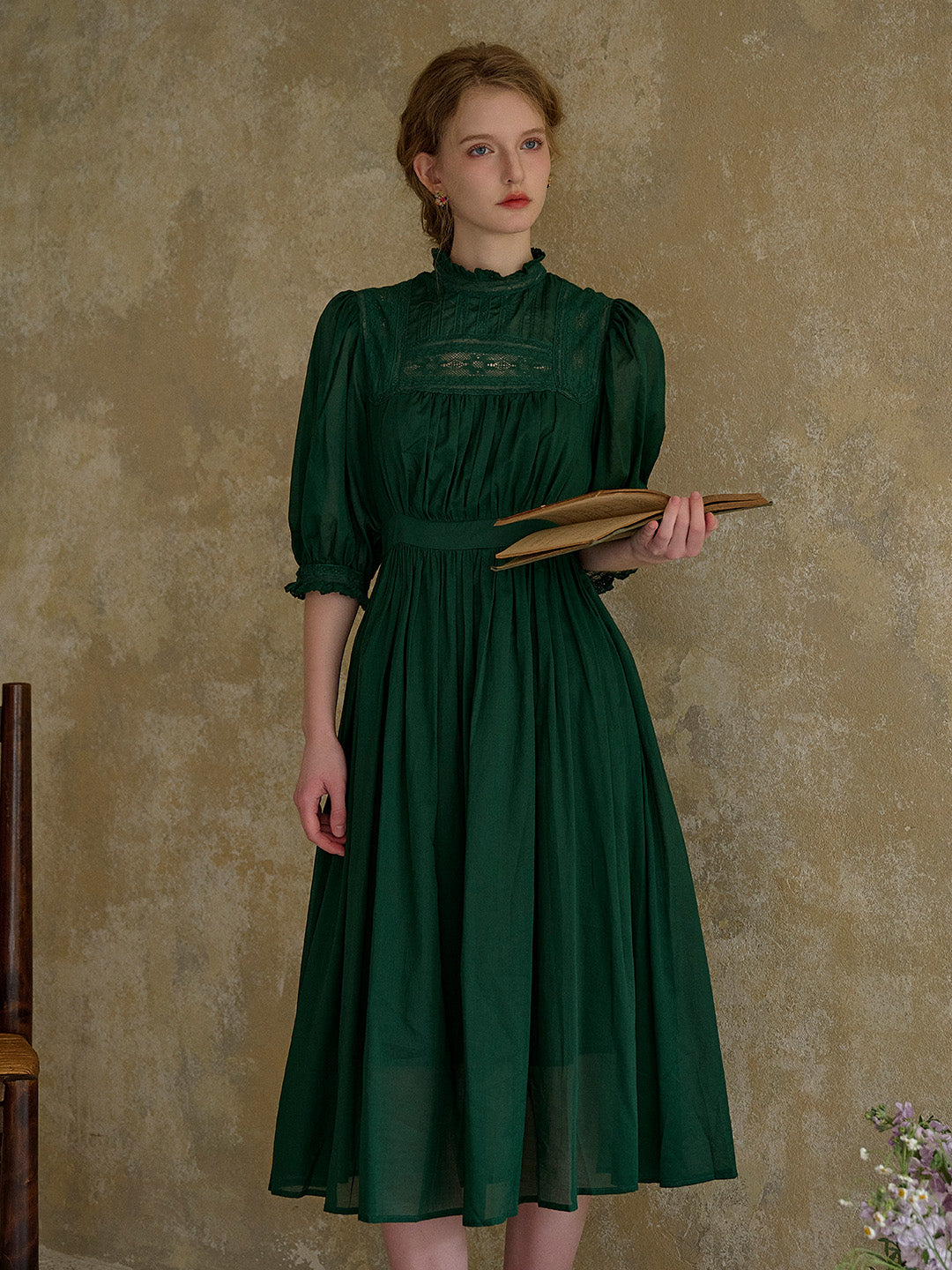 Good Stylists Vellichor Emerald Green Cotton Lace Panel Ruffle Neck Gown