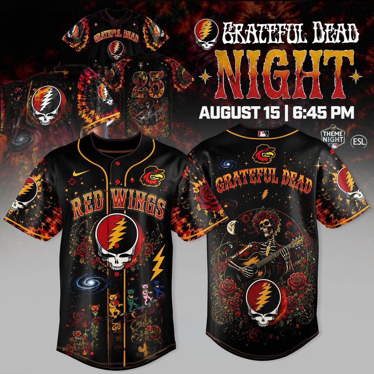 Grateful Dead x Rochester Red Wings Dancing Bears Baseball Jersey - Best Gift for Fans