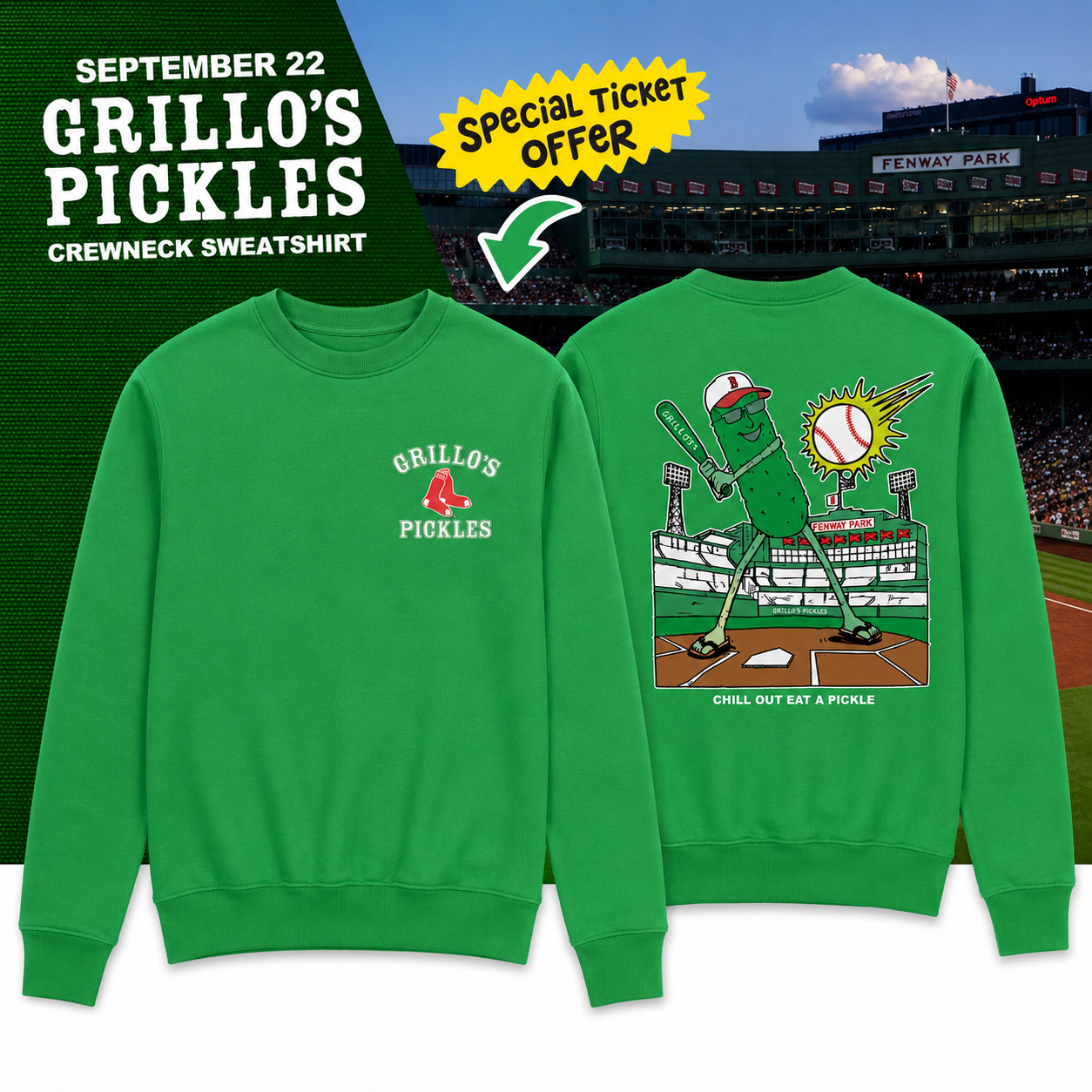 Grillo's Pickles Sweatshirt Boston Red Sox Merch