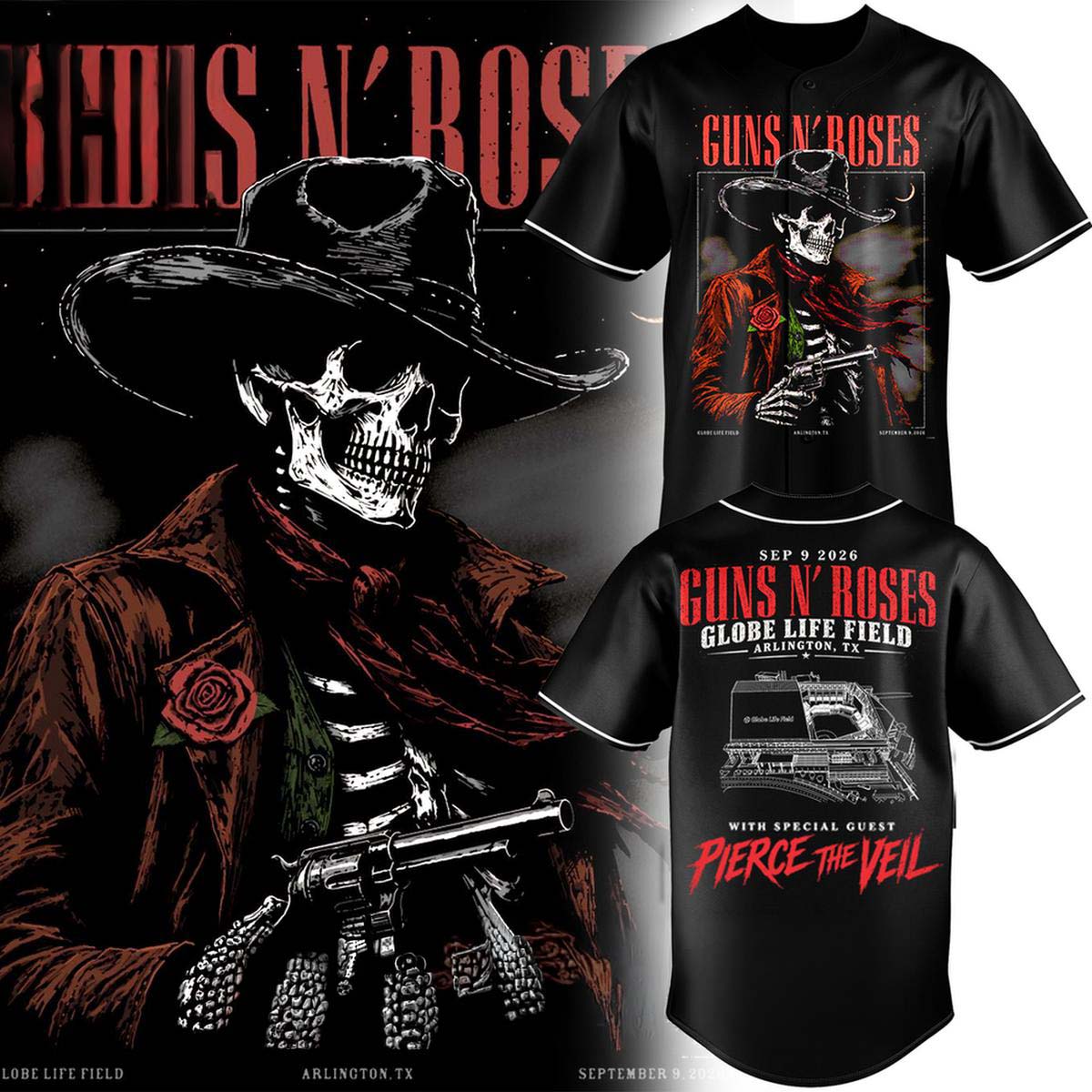 Pierce the Veil Baseball Jersey Guns N Roses x Globe Life Field 2026 Tour Band Merchandise 1 - Unicasport Pierce the Veil Baseball Jersey Guns N Roses x Globe Life Field 2026 Tour Band Merchandise