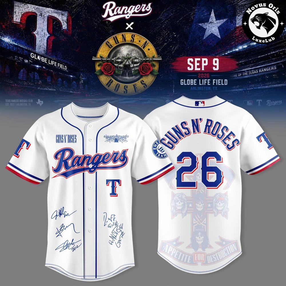 Guns N’ Roses x Texas Rangers 2026 Globe Life Field Baseball Jersey 1 - Unicasport Guns N’ Roses x Texas Rangers 2026 Globe Life Field Baseball Jersey