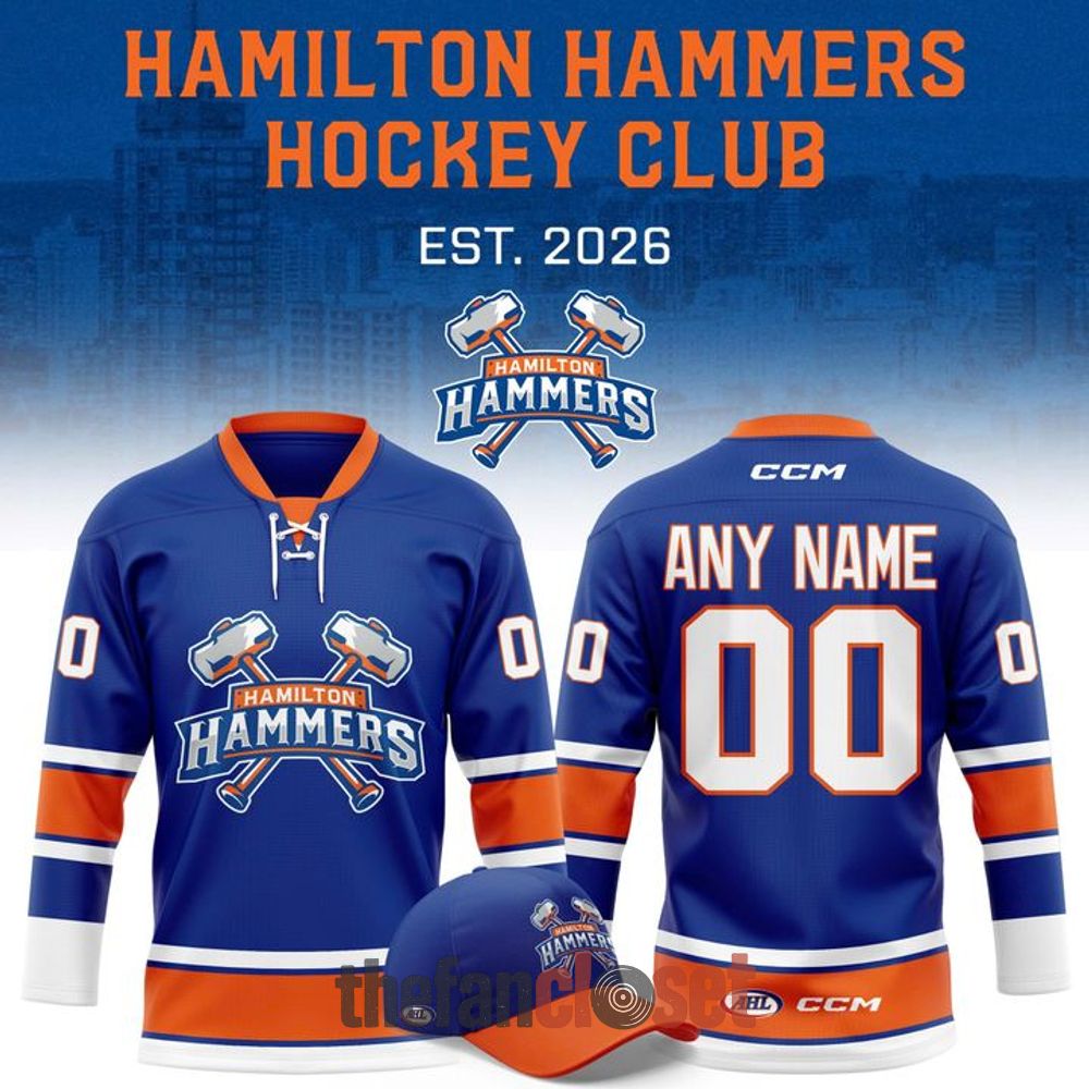 Custom Blue and Orange Hamilton Hammers Ice Hockey Jersey 2026 Team Apparel
