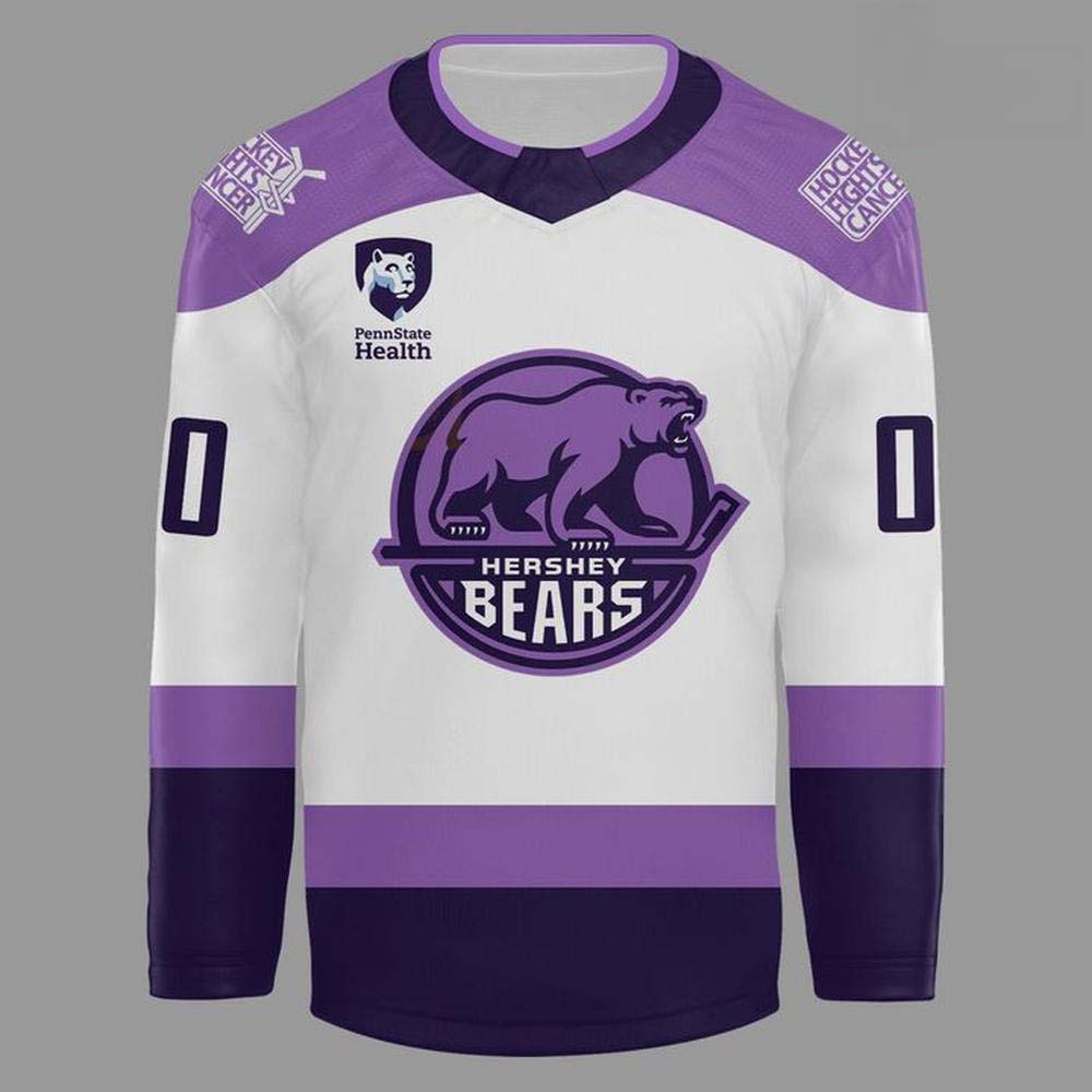 Hershey Bears Hockey Fights Cancer Purple White Custom Hockey Jersey - Image 2