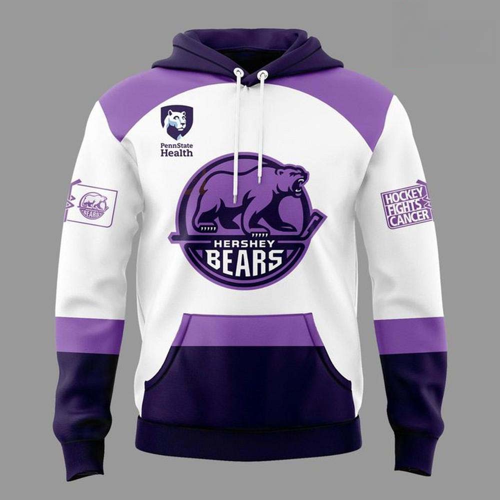 Hershey Bears Hockey Fights Cancer Purple White Pullover Hoodie - Image 2
