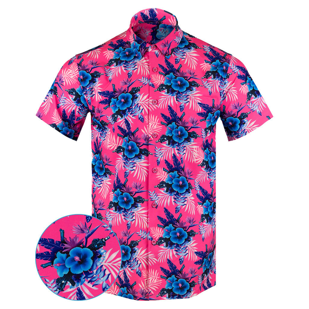 Hibiscus Pink Button Down Shirt Tactical Tropical Print Shirt Gifts For Gun Lovers