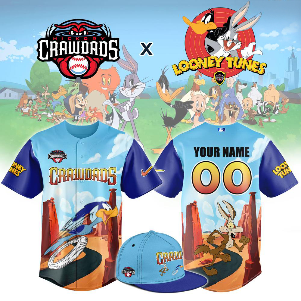 Hickory Crawdads Looney Tunes Blue Personalized Baseball Jersey