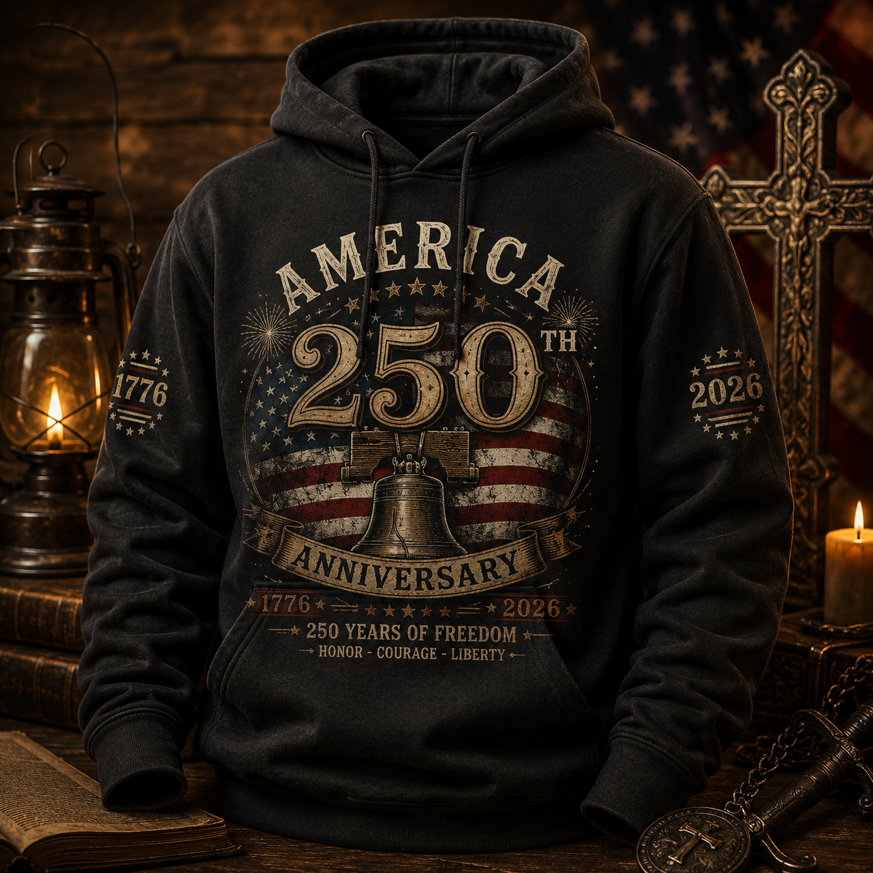 Hihoboken 250 Years of Freedom 1776-2026 American Flag Graphic Hoodie Sweatshirt - Vintage Black