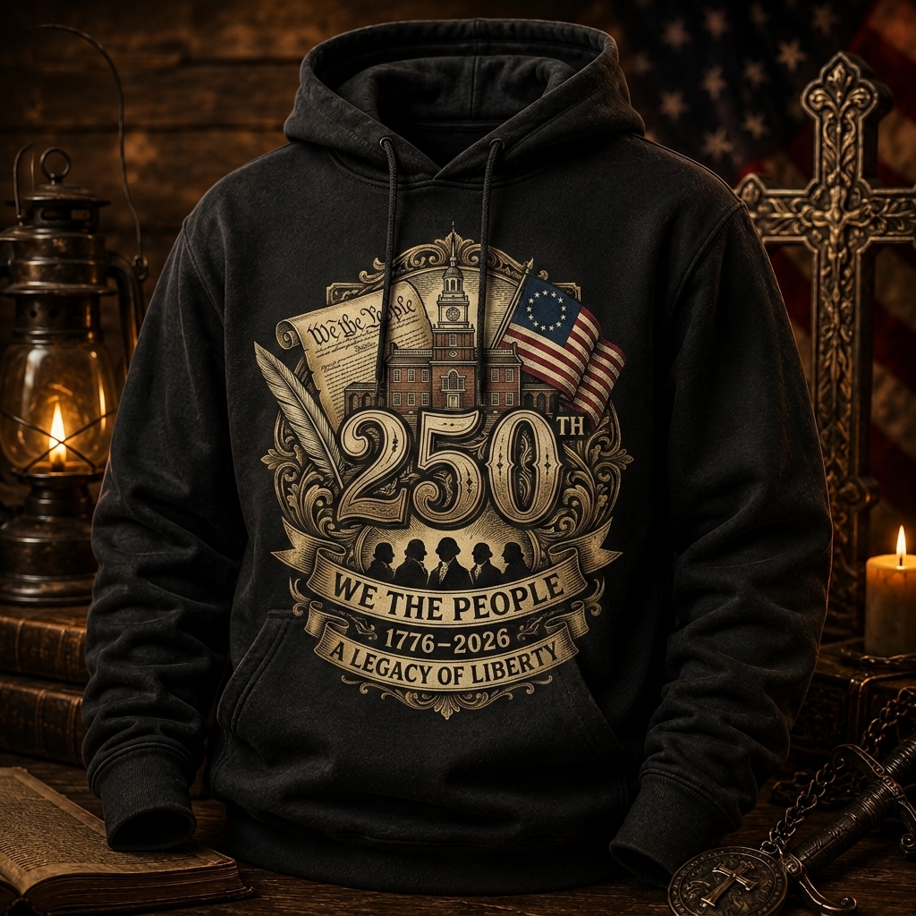 Hihoboken 250 Years of Freedom 1776-2026 American Flag Graphic Hoodie Sweatshirt - Vintage Black Vintage Supporter 2026