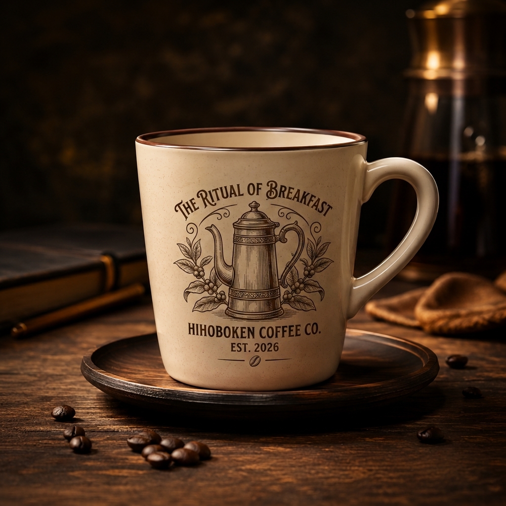 Hihoboken Coffee Co Ritual of Breakfast Mug - Vintage Coffee Pot Engraved Ceramic Coffee Mug