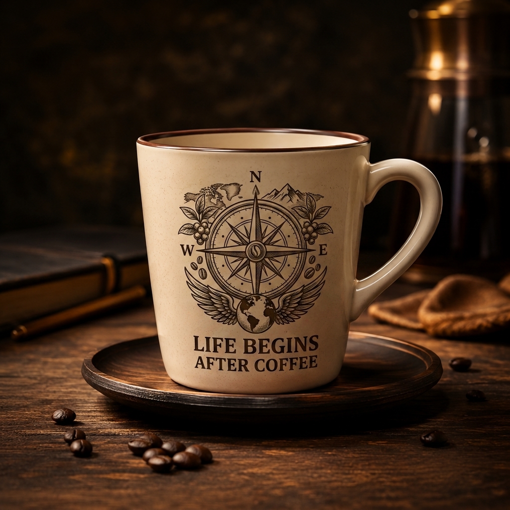 Hihoboken Life Begins After Coffee Mug - Vintage Compass Explorer Ceramic Coffee Mug