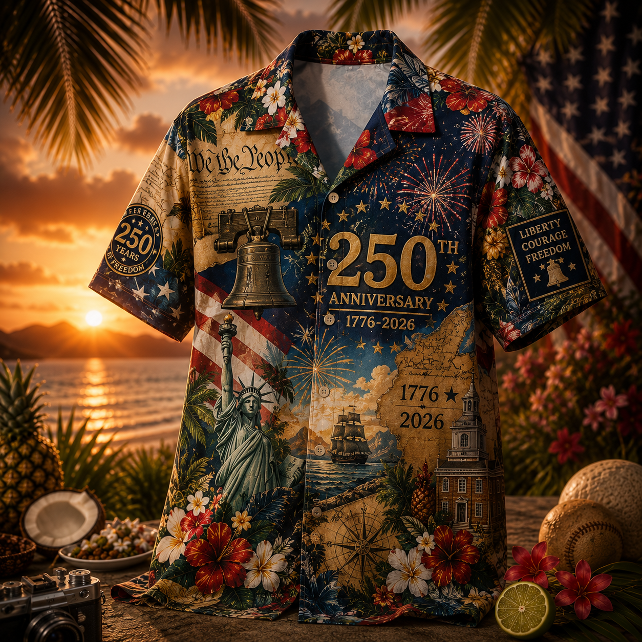 Hihoboken Men's America 250th Anniversary Liberty Bell Statue of Liberty Patriotic Hawaiian Shirt - Navy Multicolor