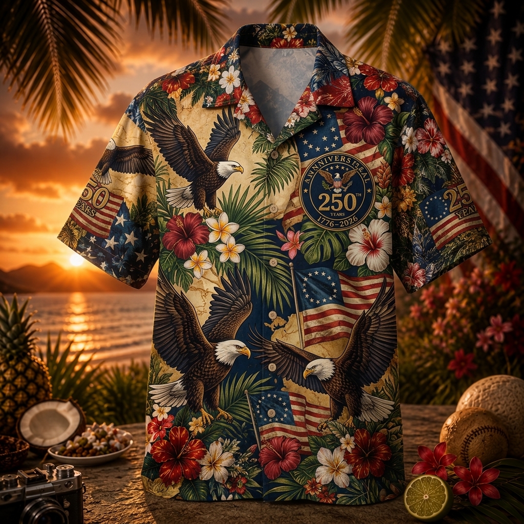 Hihoboken Men's America 250th Anniversary Majestic Eagle Fan Patriotic Game Day Hawaiian Shirt 2026 Gift Merch