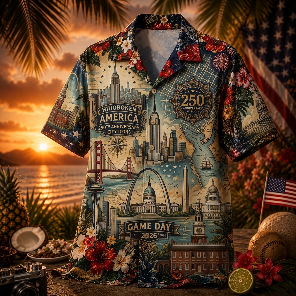 Hihoboken Men's America 250th Fan Merch City Icon Custom Name Gift Game Day 2026 Hawaiian Shirt