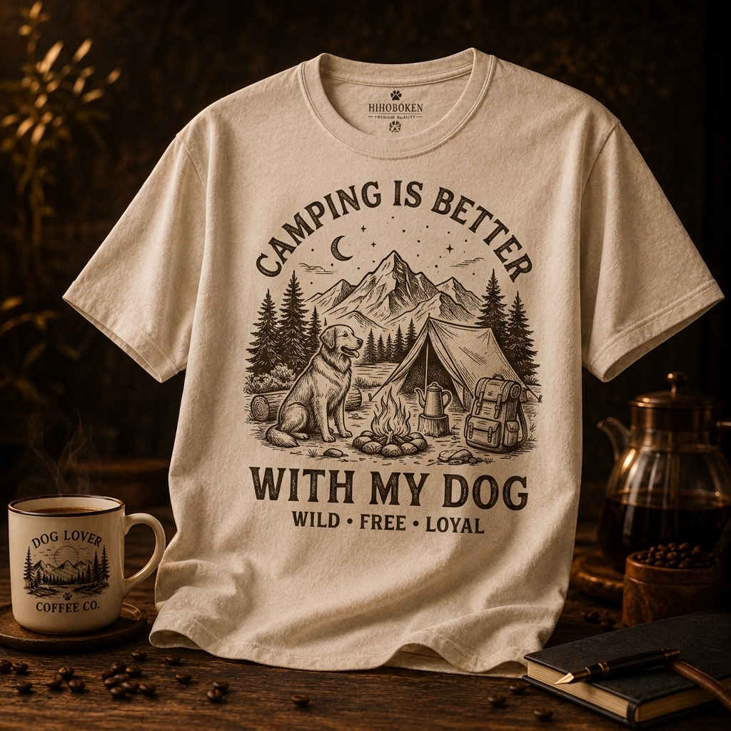 Hihoboken Men's Camping Is Better With My Dog Graphic T-Shirt - Vintage Cream