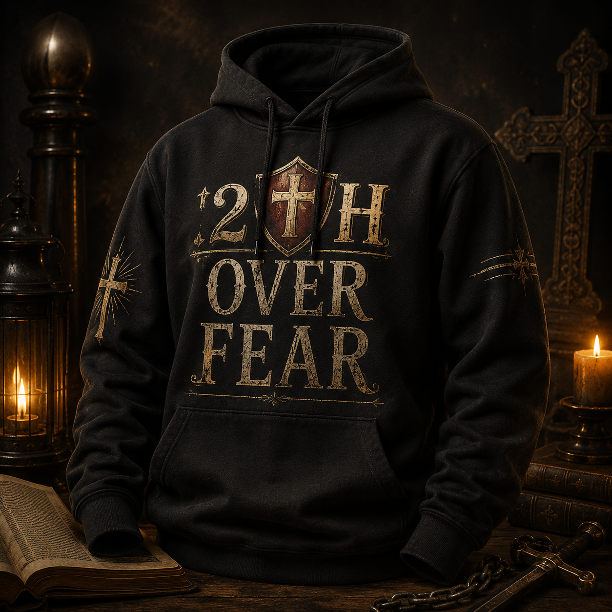 Hihoboken Men's Faith Over Fear Christian Hoodie - Vintage Black Religious Graphic Sweatshirt
