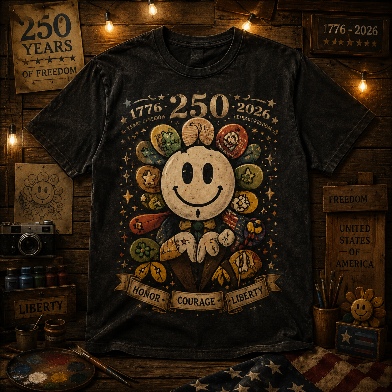Hihoboken Men's Funny Smiley Face 250th Anniversary Patriotic Graphic T-Shirt - Vintage Black