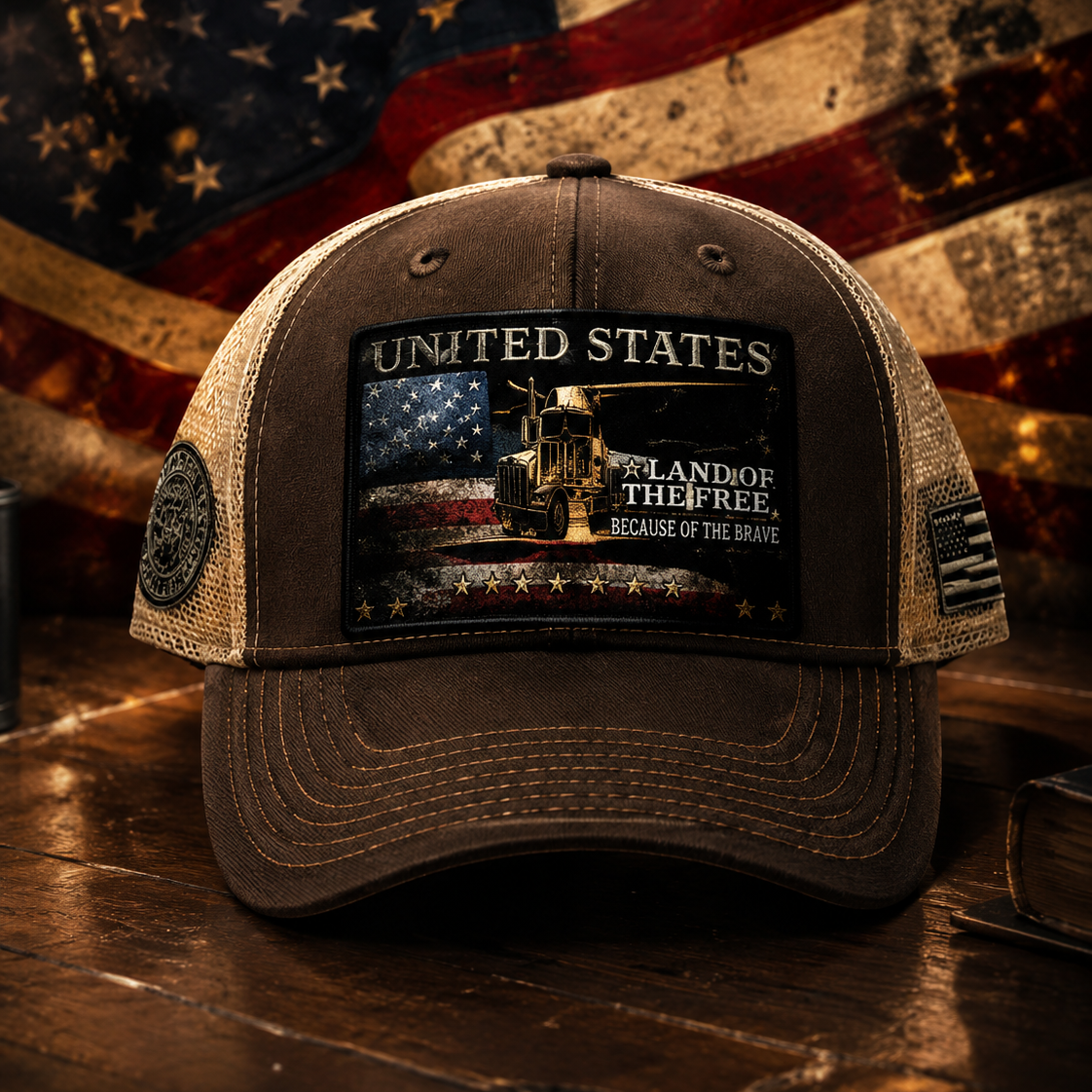 Hihoboken Men's US 250th Anniversary Semi Truck Patriotic American Flag Trucker Hat - Brown