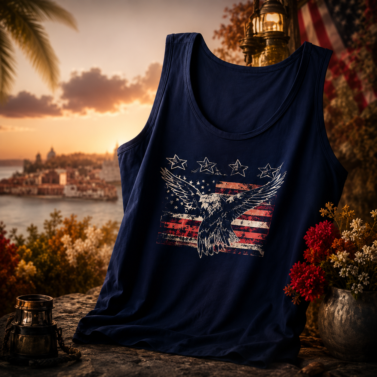 Hihoboken Men's US 250th Anniversary Semiquincentennial Eagle Flag Tank Top - Navy Blue