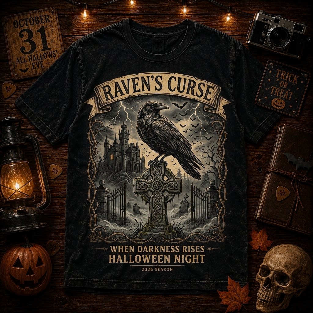 Hihoboken Raven's Curse Gothic Dark Halloween Graphic Tee Black Shirt