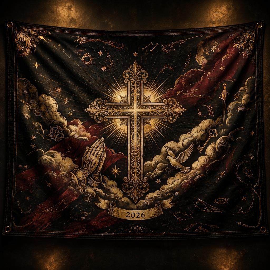 Hihoboken Vintage Christian Cross and Sacred Symbols Flag - Faith Courage Freedom Wall Hanging Banner