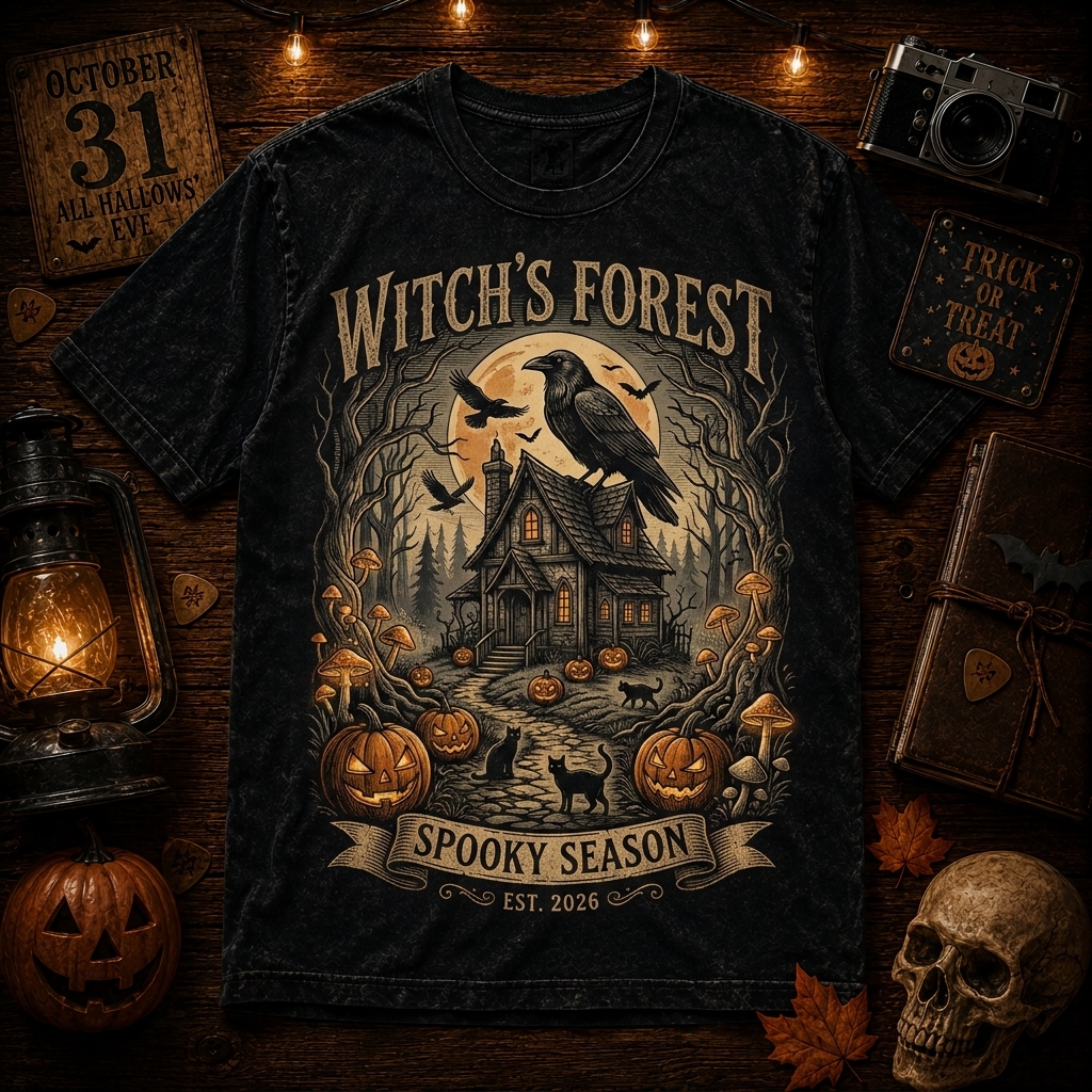 Hihoboken Witch's Forest Spooky Season Halloween Graphic Black TShirt