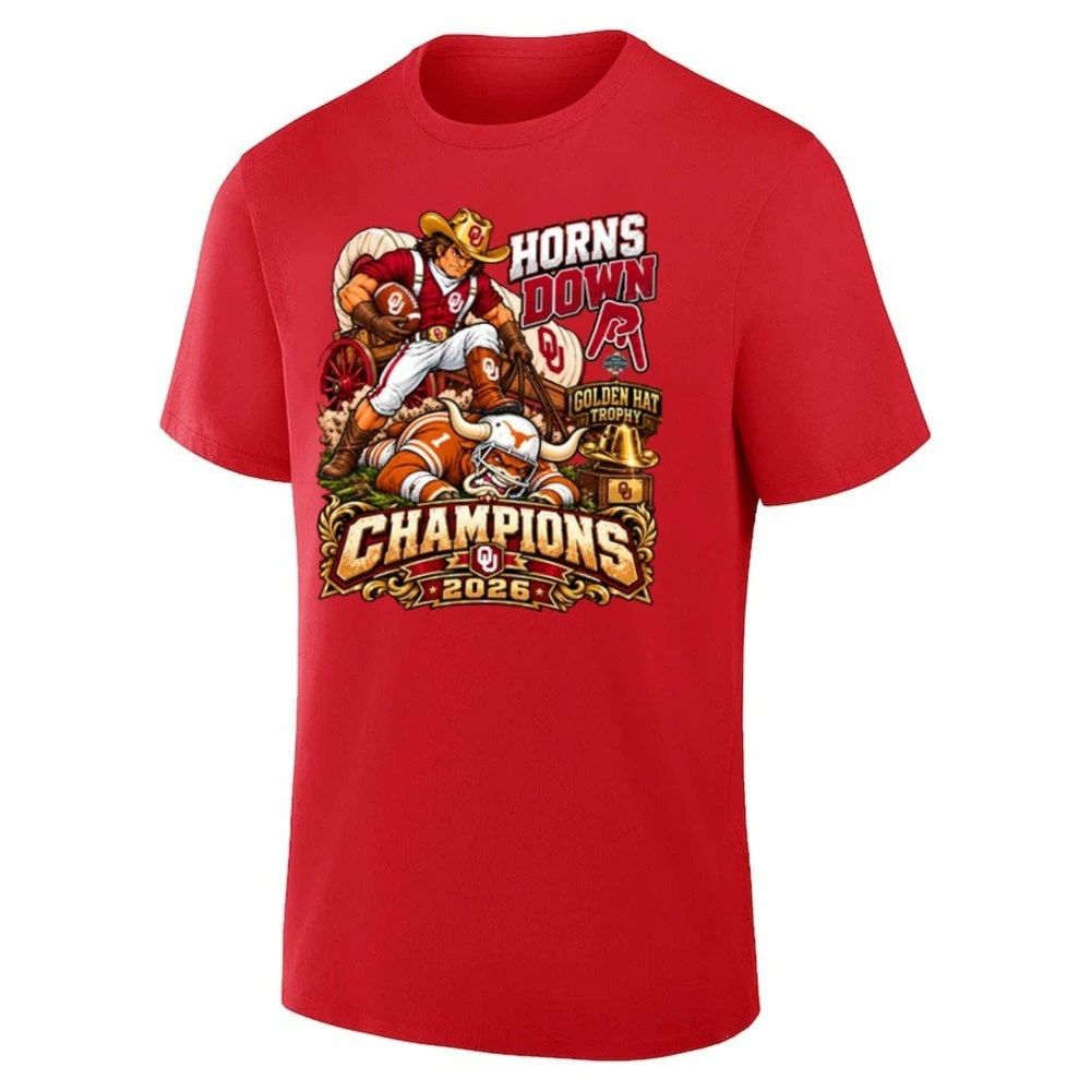 Horns Down Sooners Golden Hat Trophy Champions 2026 Shirt front view