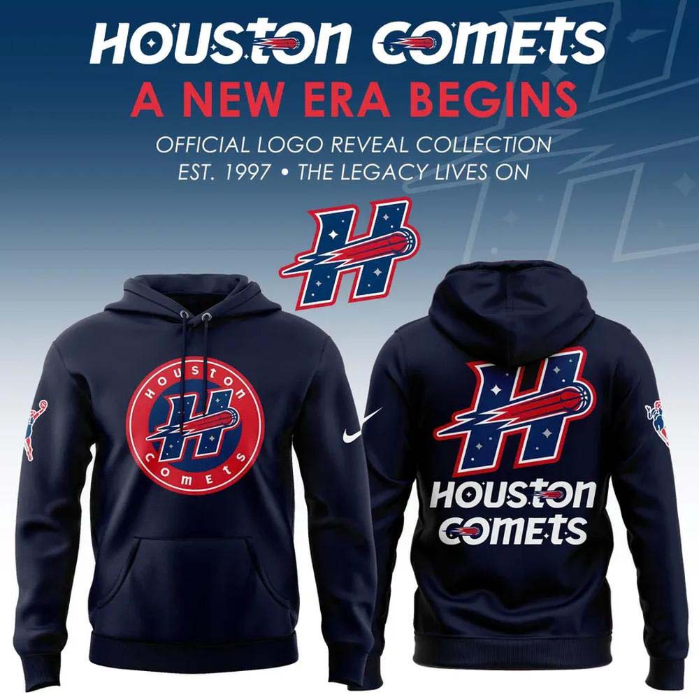 Houston Comets A New Era Begins 2026 Navy Blue Circle Logo Graphic Hoodie