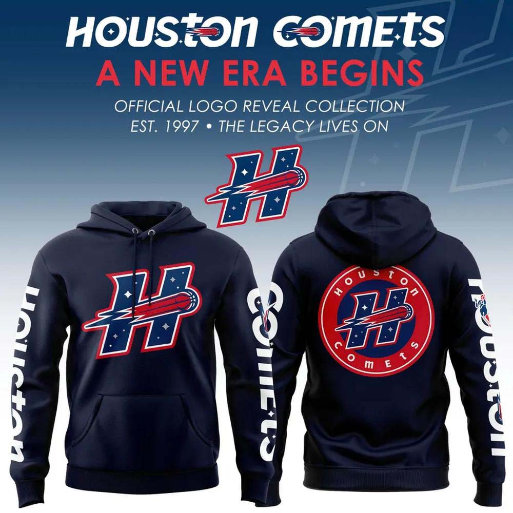 Houston Comets A New Era Begins 2026 Navy Blue H Logo Sleeve Print Hoodie
